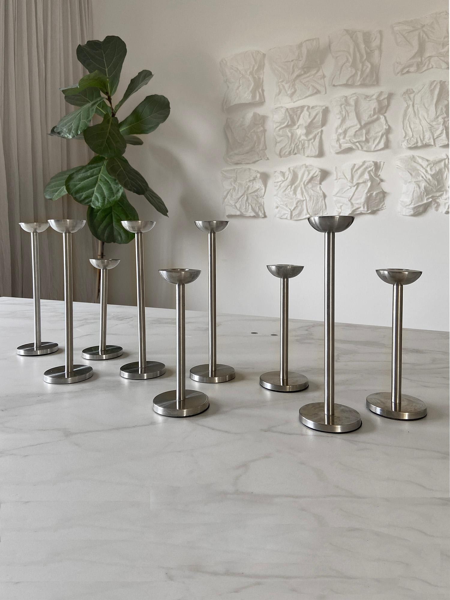 Welded German Stainless Steel Minimalist Design Candle Holder set of 9 For Sale
