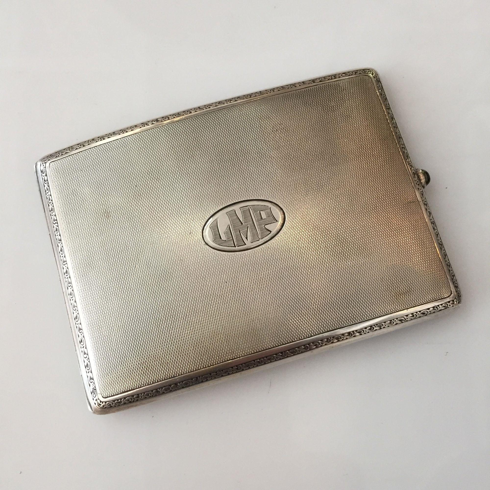 Art Deco German Sterling Silver Cigarette Case with a Sapphire Stone For Sale