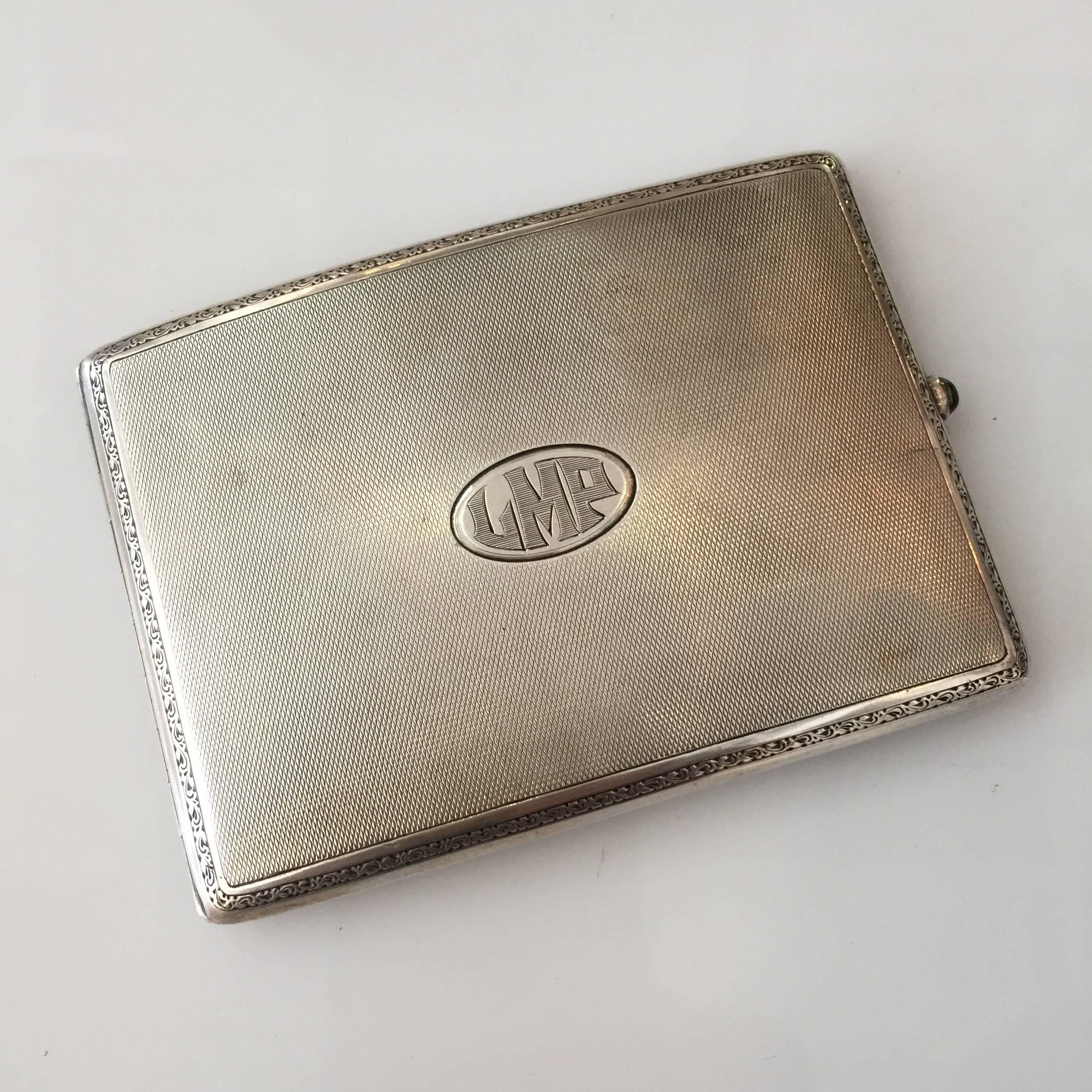 German Sterling Silver Cigarette Case with a Sapphire Stone In Good Condition In Van Nuys, CA
