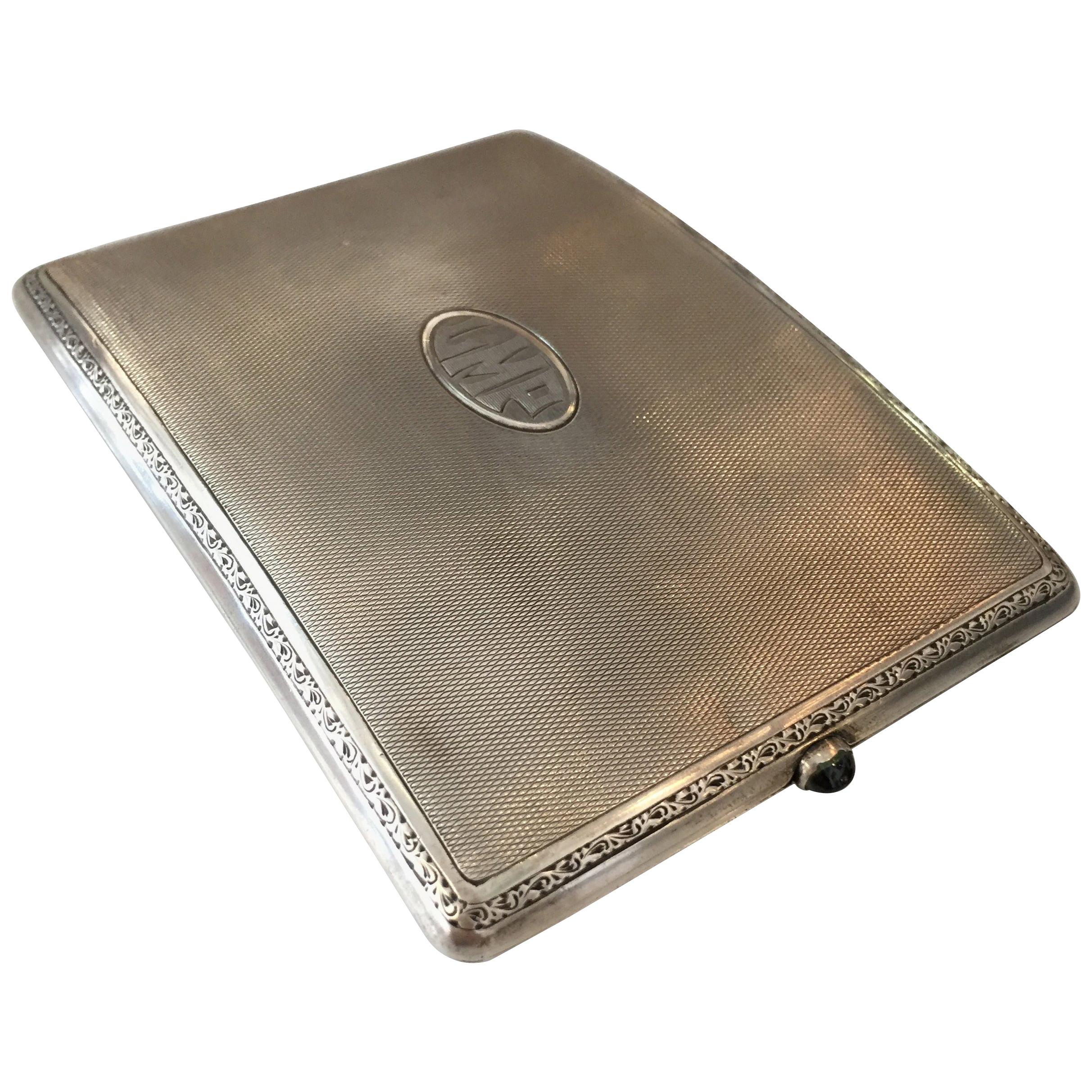 German Sterling Silver Cigarette Case with a Sapphire Stone