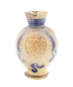 German Stoneware Pitcher with Incised Blue Decorations