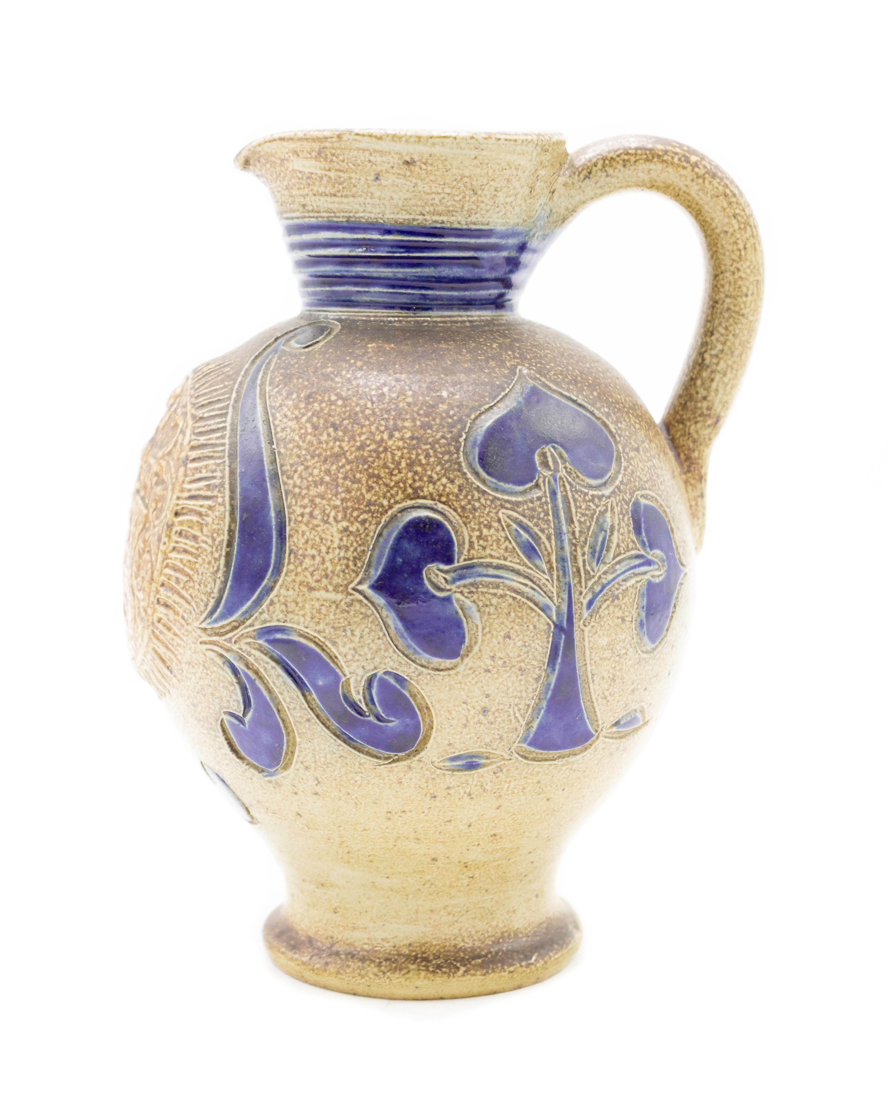 Ceramic German Stoneware Pitcher with Incised Blue Decorations For Sale