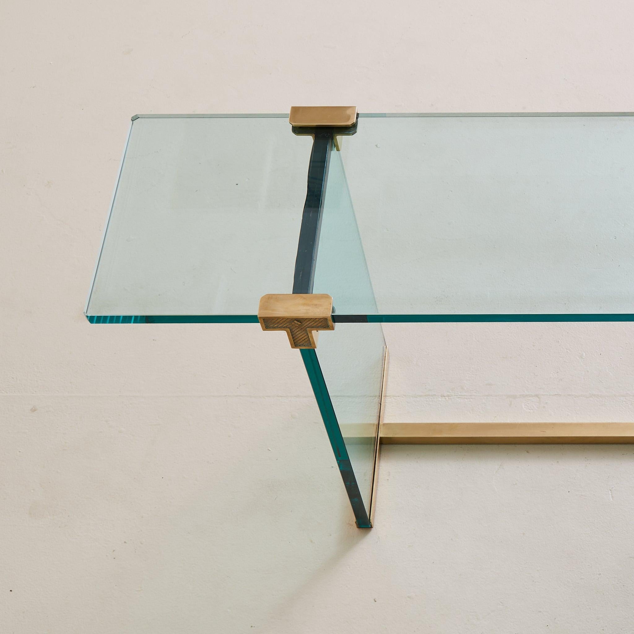 German 'T30' Glass + Gilt Brass Console Table by Peter Ghyczy, 1970s (Deutsch) im Angebot