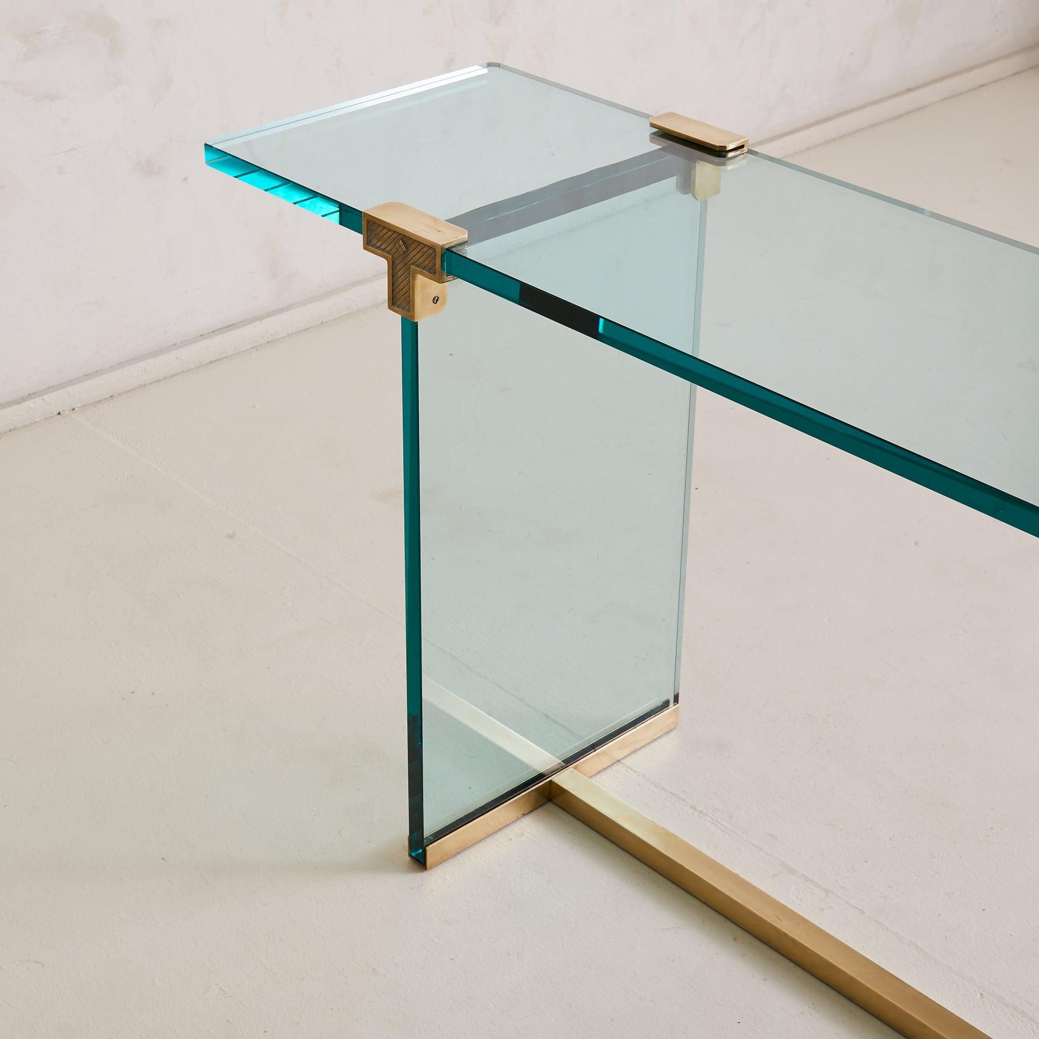 German 'T30' Glass + Gilt Brass Console Table by Peter Ghyczy, 1970s im Zustand „Gut“ im Angebot in Chicago, IL