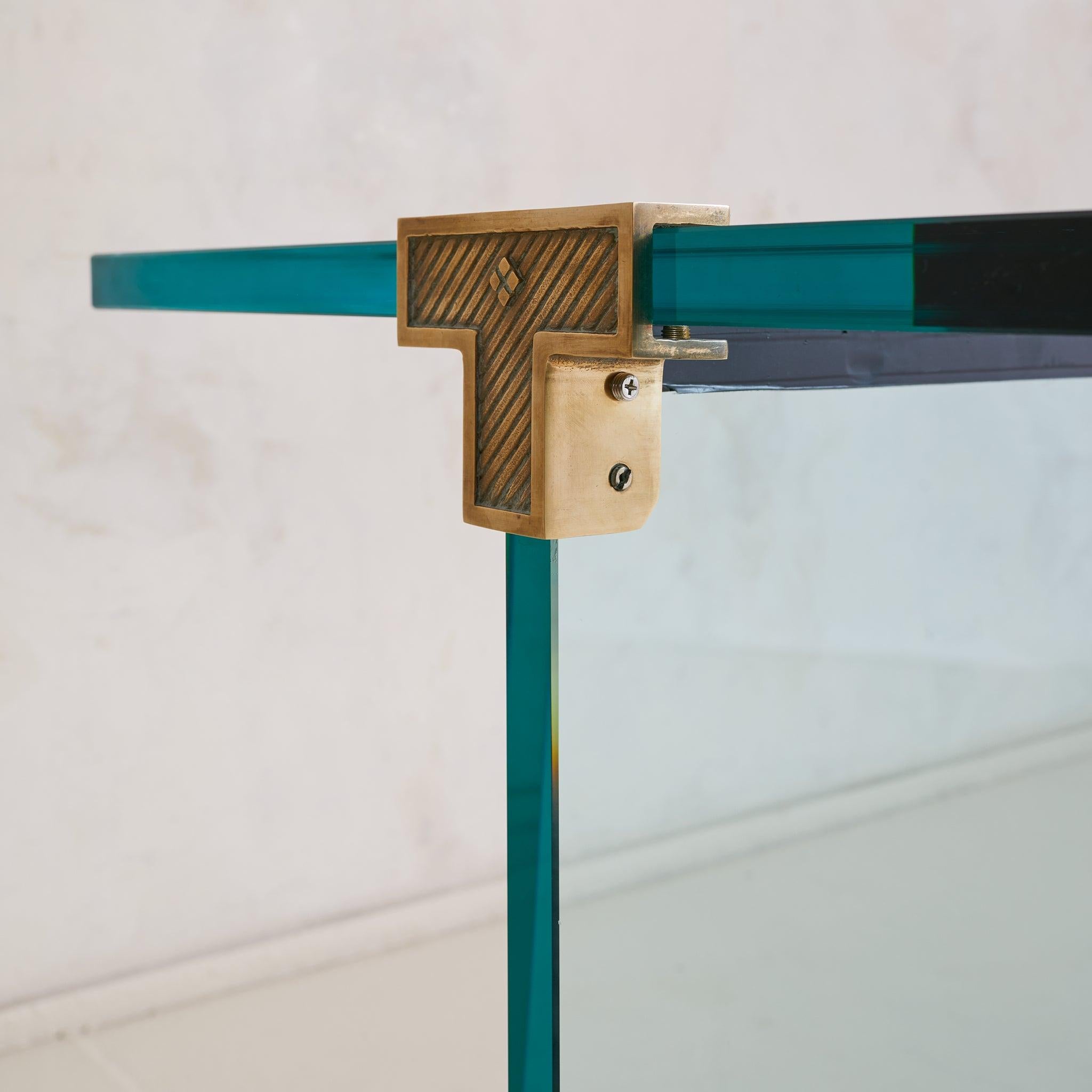 German 'T30' Glass + Gilt Brass Console Table by Peter Ghyczy, 1970s (Ende des 20. Jahrhunderts) im Angebot