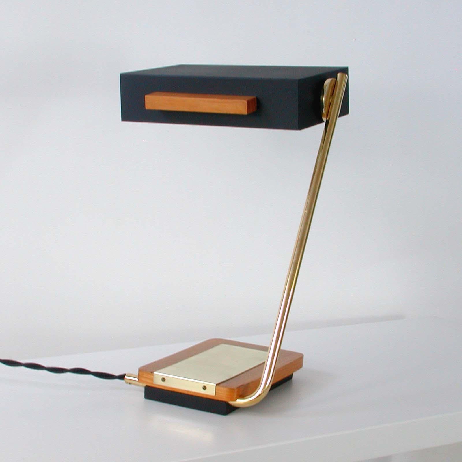 German Teak, Brass and Black Metal Cubist Desk Lamp by Kaiser Leuchten, 1960s For Sale 6