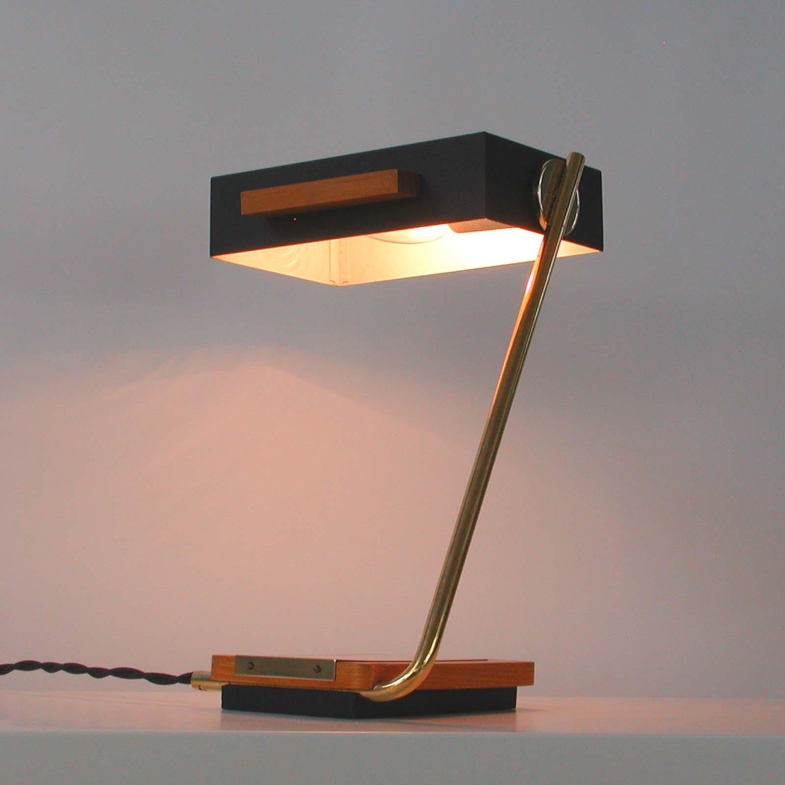 German Teak, Brass and Black Metal Cubist Desk Lamp by Kaiser Leuchten, 1960s For Sale 9