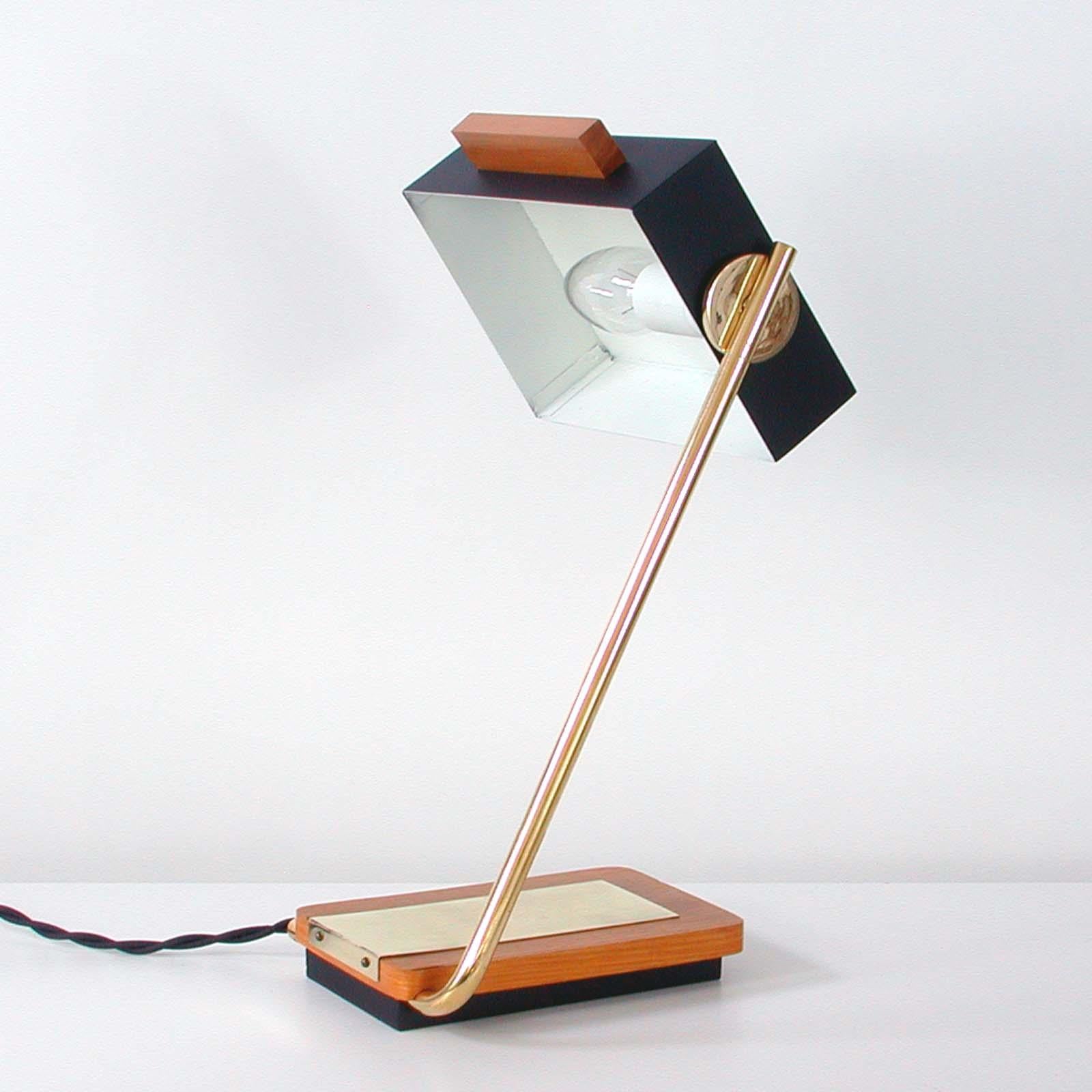 Mid-Century Modern German Teak, Brass and Black Metal Cubist Desk Lamp by Kaiser Leuchten, 1960s For Sale