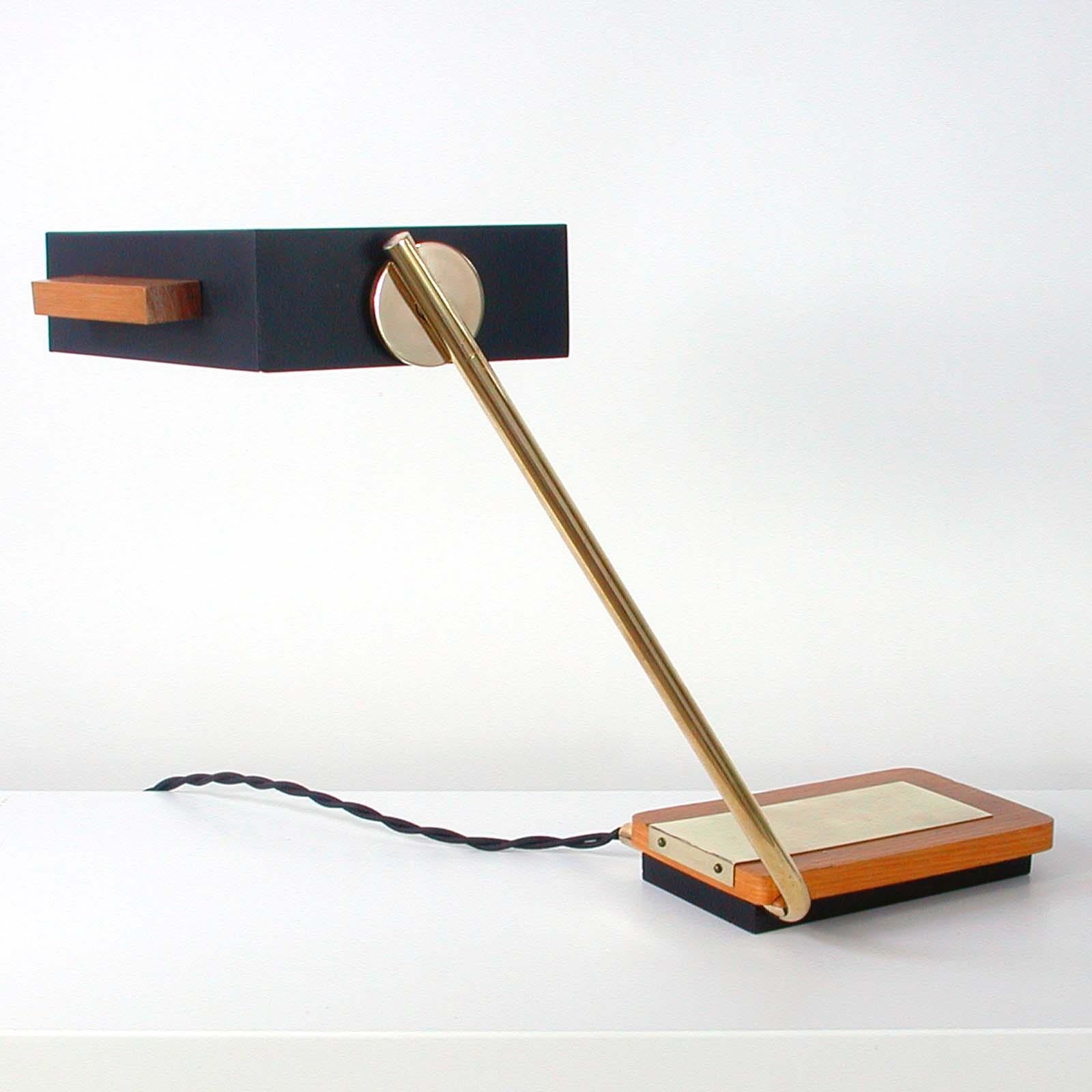 Mid-20th Century German Teak, Brass and Black Metal Cubist Desk Lamp by Kaiser Leuchten, 1960s For Sale