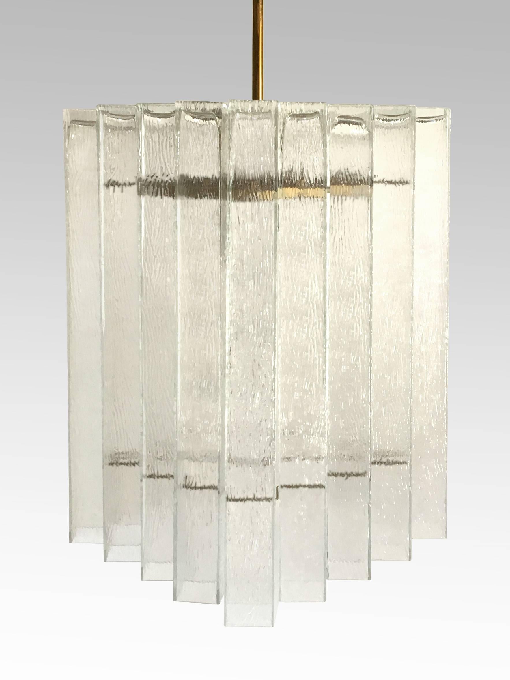 A chandelier consisting of multiple rectangular textured glass hung on a brass frame by Doria Leuchten, German, 1960s (two available).