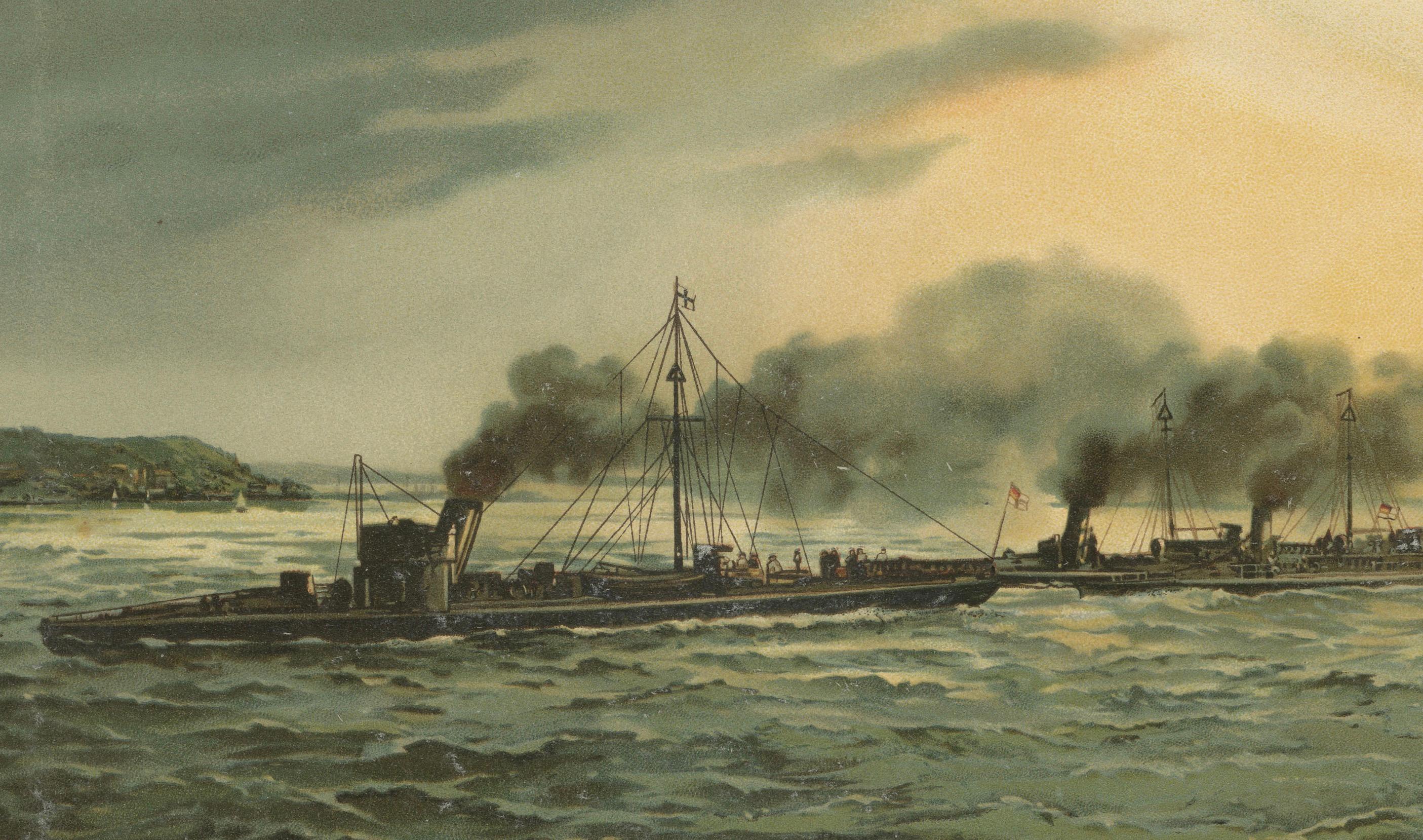 Title: German Torpedo Boat Division at Sea – 1903 Chromolithograph by Hugo Graf

This 1903 chromolithograph by Hugo Graf from 'Deutschland zur See' depicts a division of German Imperial Navy torpedo boats maneuvering at sea. The print, measuring