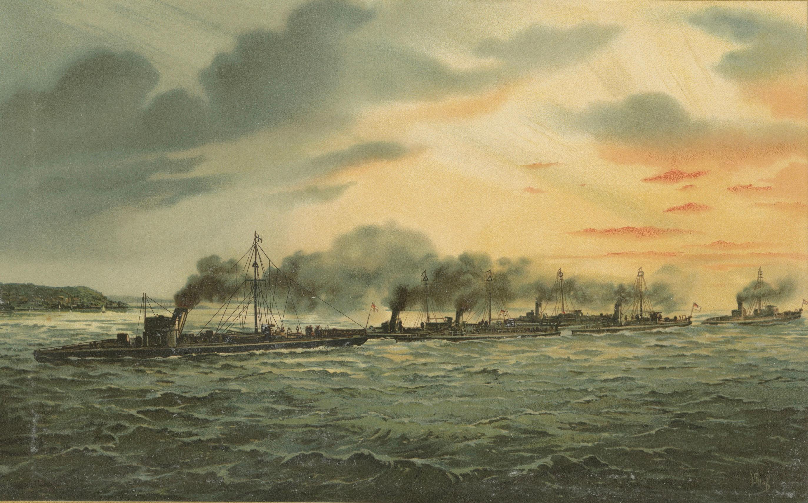 German Torpedo Boat Division at Sea – 1903 Chromolithograph by Hugo Graf In Good Condition For Sale In Langweer, NL