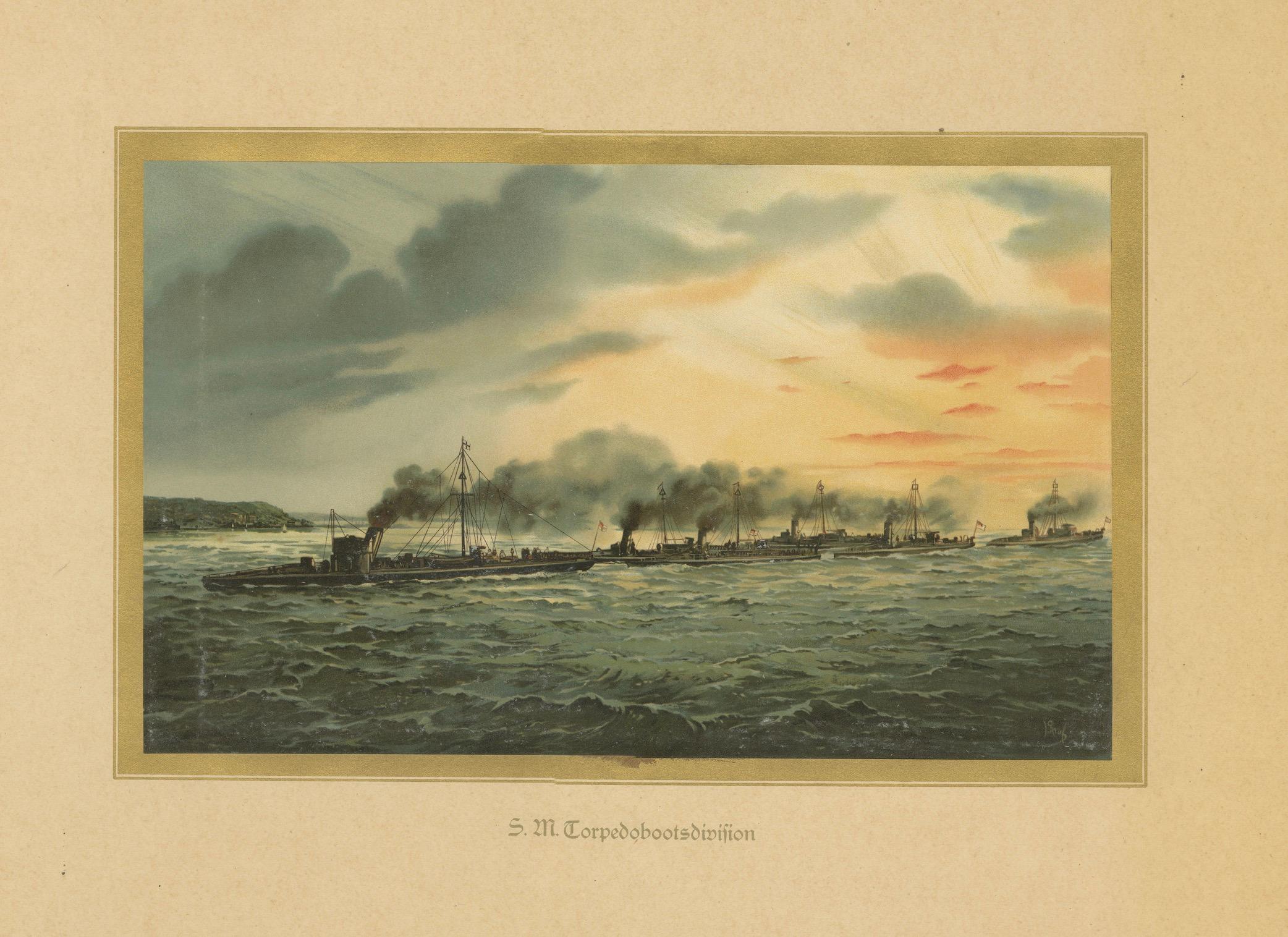 Early 20th Century German Torpedo Boat Division at Sea – 1903 Chromolithograph by Hugo Graf For Sale