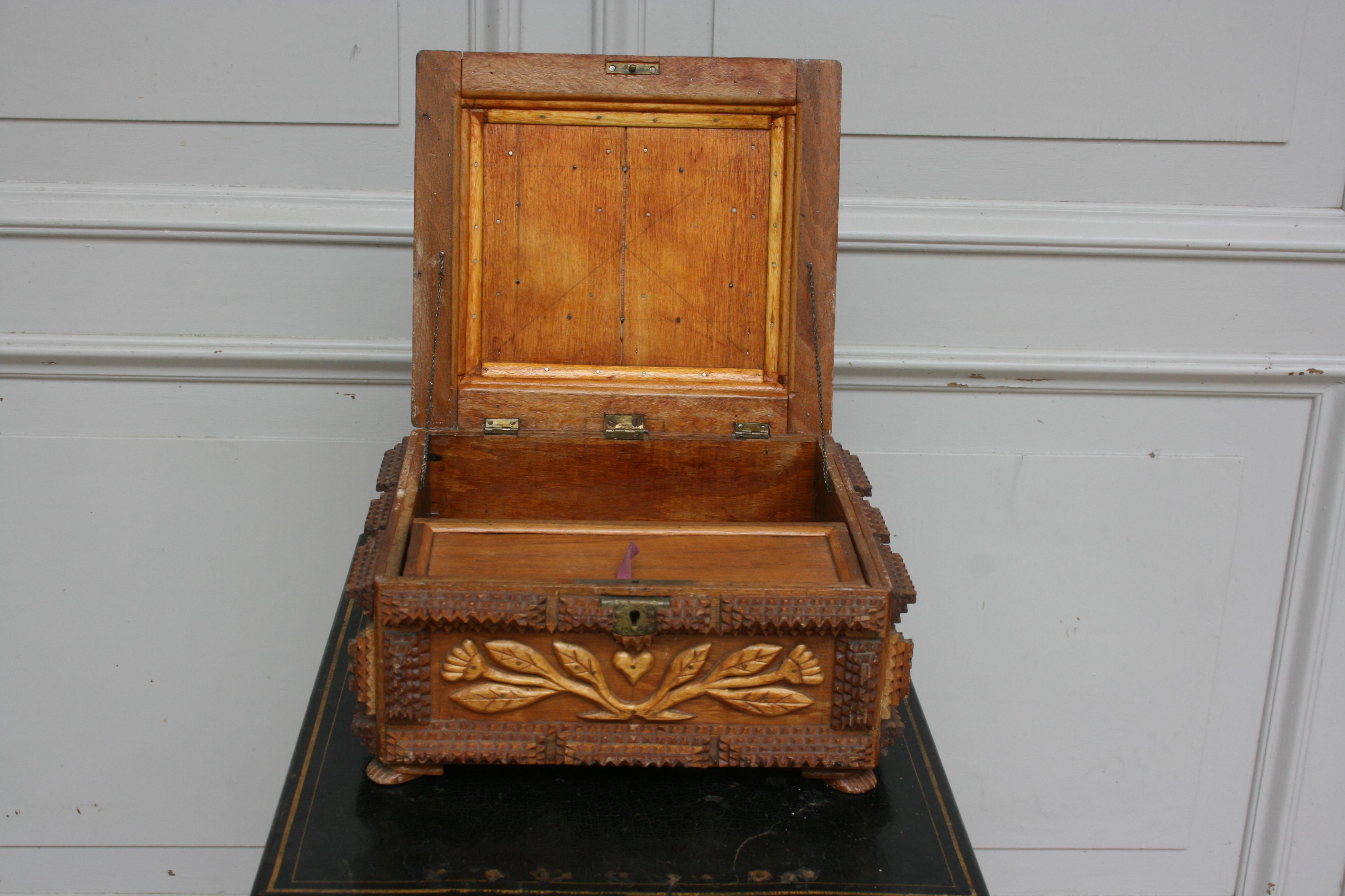 German Tramp Art Box with Floral Ornamentation and Initials, Folk Art circa 1900 8