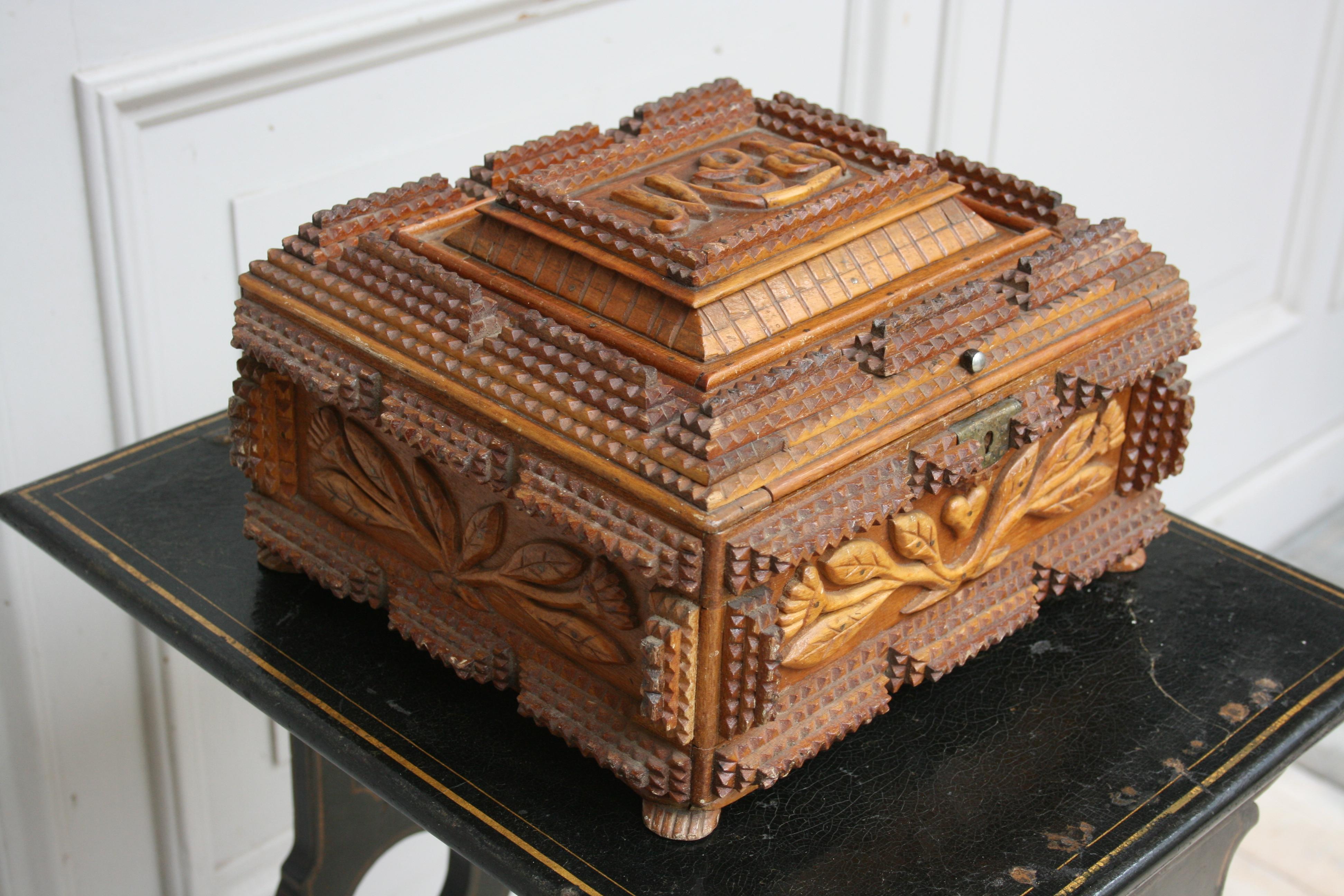 German Tramp Art Box with Floral Ornamentation and Initials, Folk Art circa 1900 1