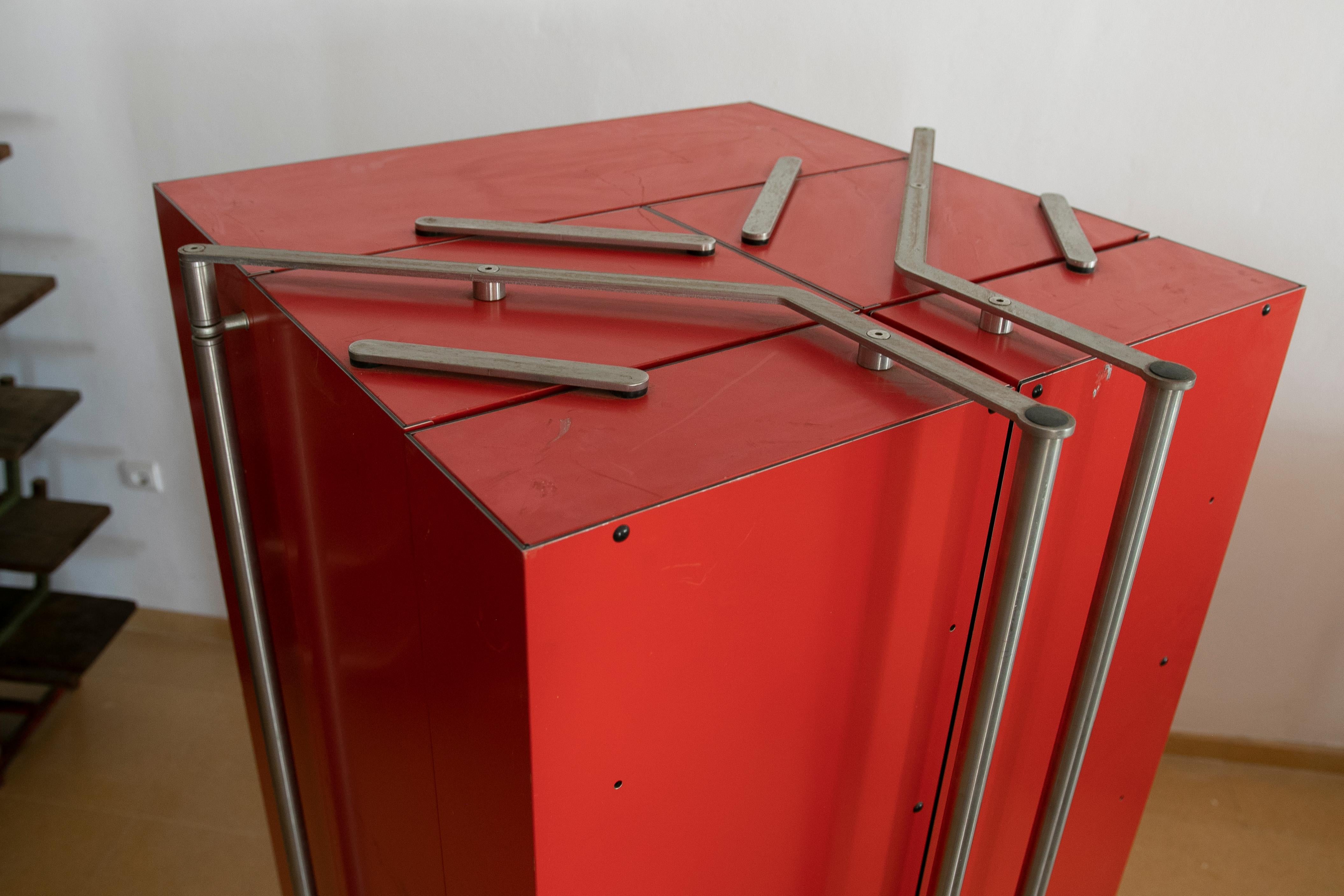 German Travel Wardrobe in Red Painted Metal with Steel Handles For Sale 7