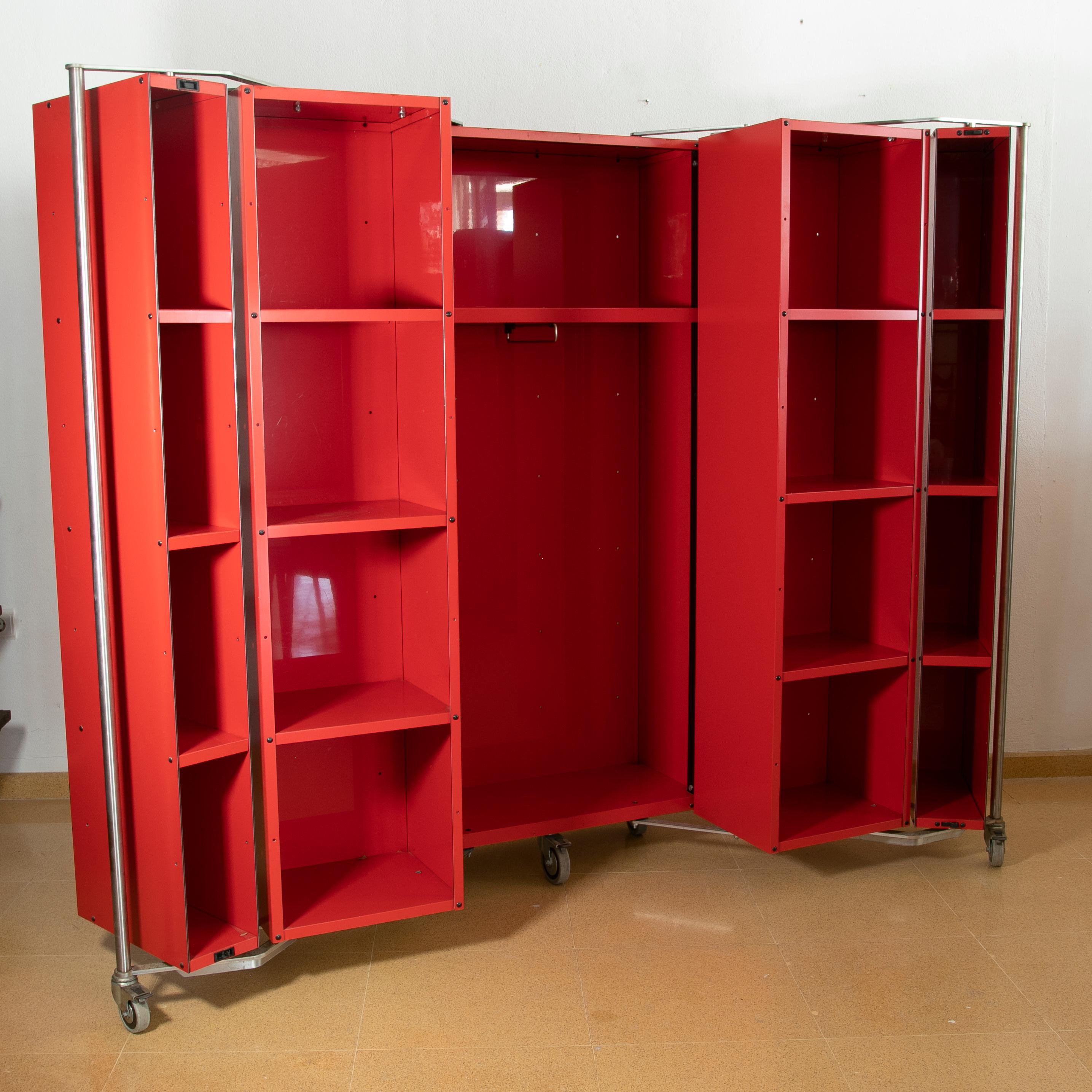 German travel wardrobe in red painted metal with Steel Handles.