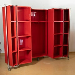 German Travel Wardrobe in Red Painted Metal with Steel Handles