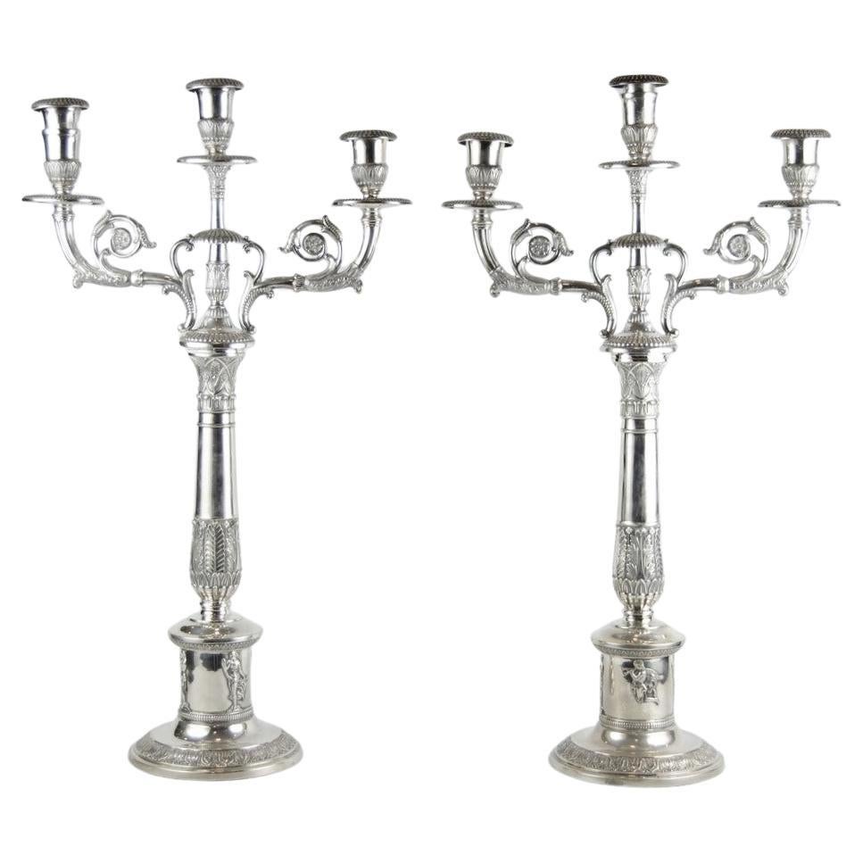 Dos candelabros alemanes de plata, Hermanos Friedlander, Alemania, hacia 1890 en venta