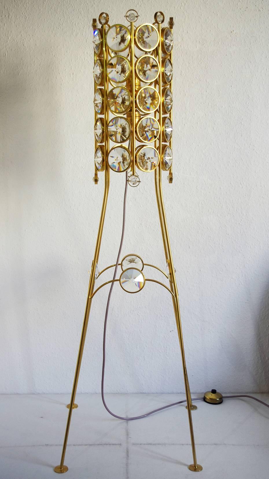 Hollywood Regency Unique German Vintage Crystal Glass and Brass Floor Lamp, 1950s For Sale