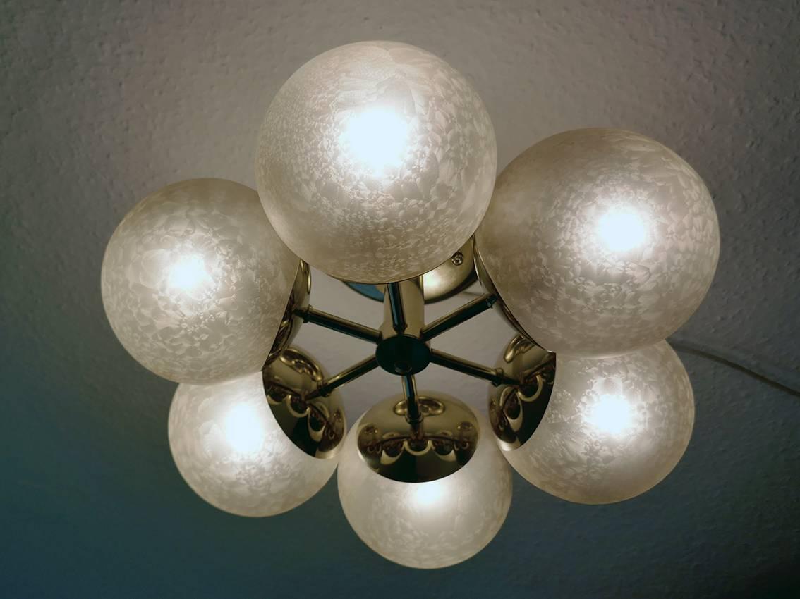 Beautiful six-arm matte glass and brass bubble Sputnik chandelier.
Germany, 1960s.
  