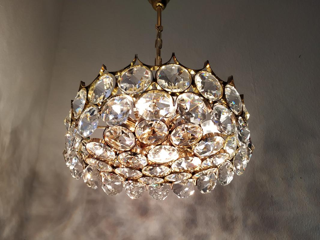 Mid Century German Vintage Gilt Brass and Glass Ceiling Light Chandelier, 1960s For Sale 5