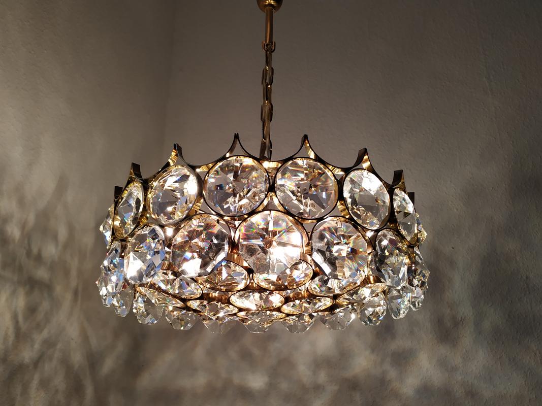 Mid-Century Modern Mid Century German Vintage Gilt Brass and Glass Ceiling Light Chandelier, 1960s For Sale