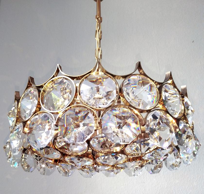 Mid Century German Vintage Gilt Brass and Glass Ceiling Light Chandelier, 1960s For Sale 3