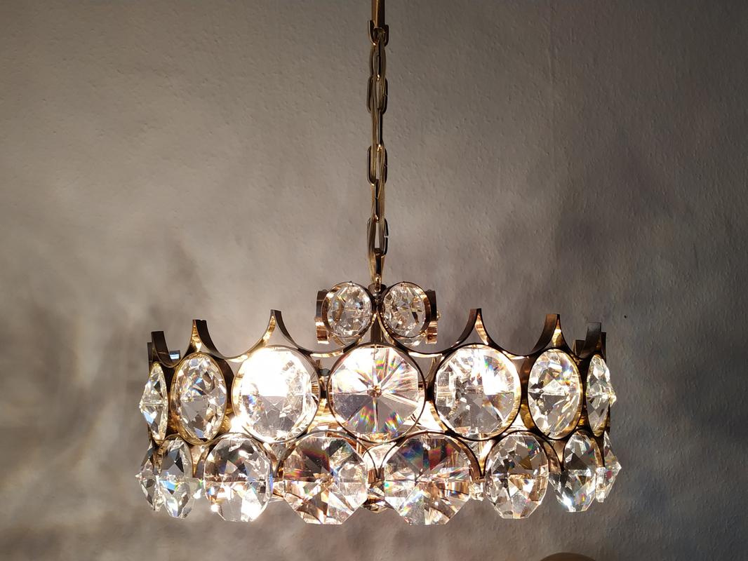 Mid Century German Vintage Gilt Brass and Glass Ceiling Light Chandelier, 1960s For Sale 4
