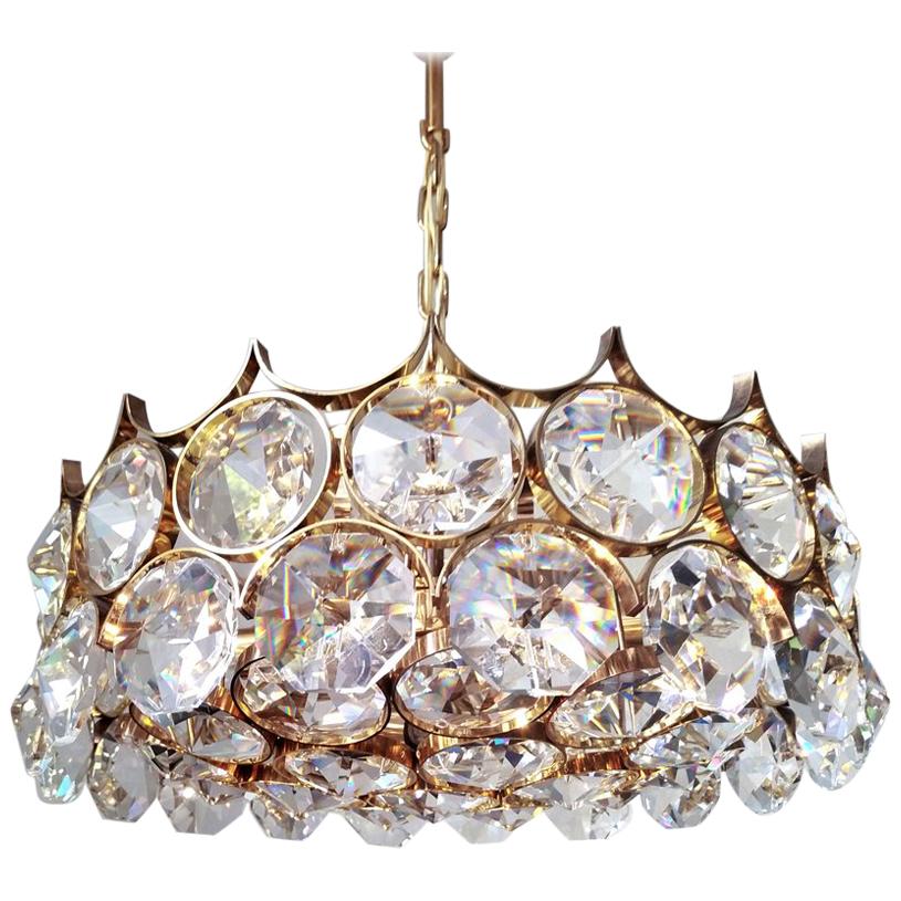 Mid Century German Vintage Gilt Brass and Glass Ceiling Light Chandelier, 1960s For Sale