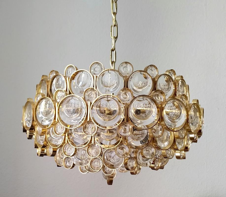 Hollywood Regency German Vintage Gilt Brass and Glass Ceiling Light Pendant Chandelier, 1960s