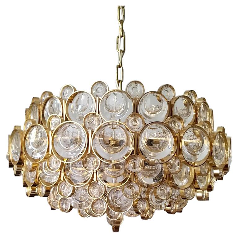 German Vintage Gilt Brass and Glass Ceiling Light Pendant Chandelier, 1960s