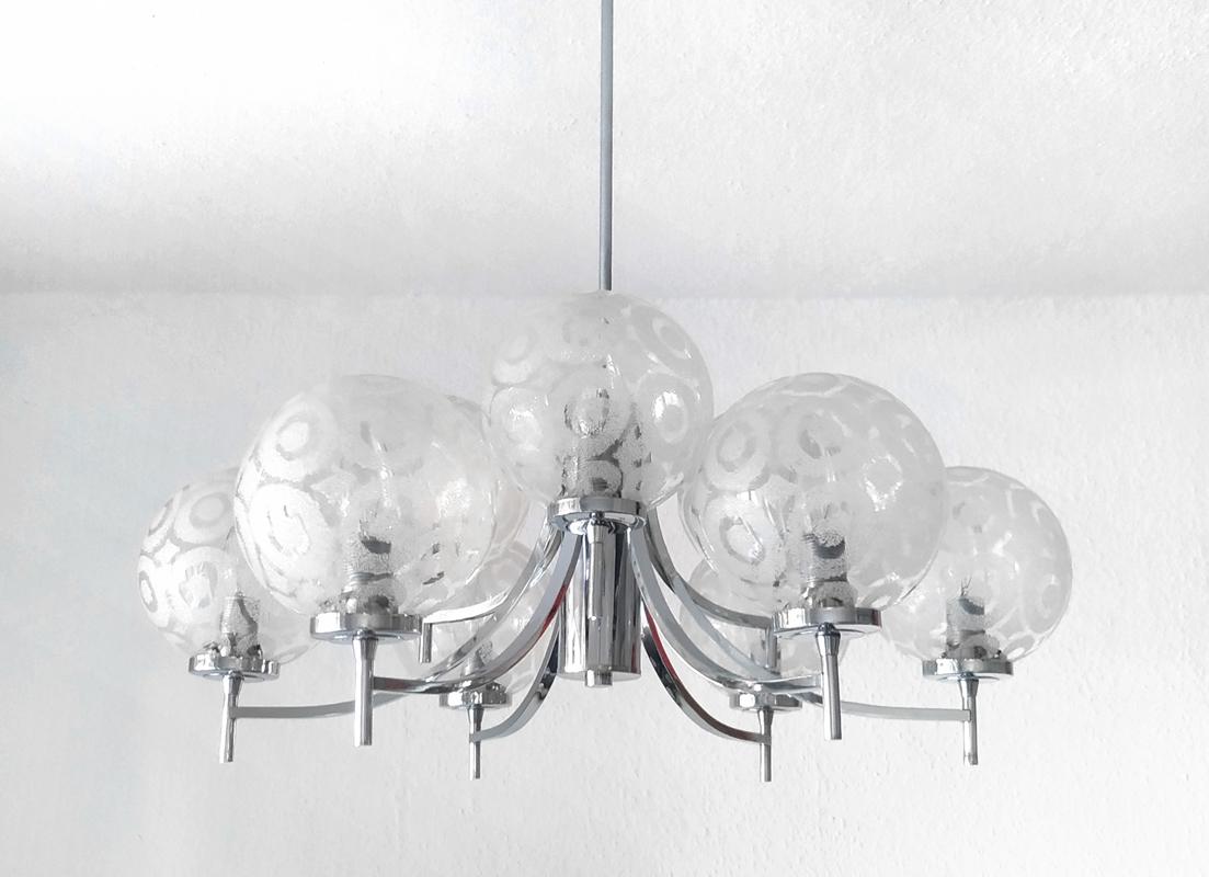 Mid-Century Modern German Vintage Glass and Chrome Ceiling Light Chandelier Pendant, 1970s For Sale