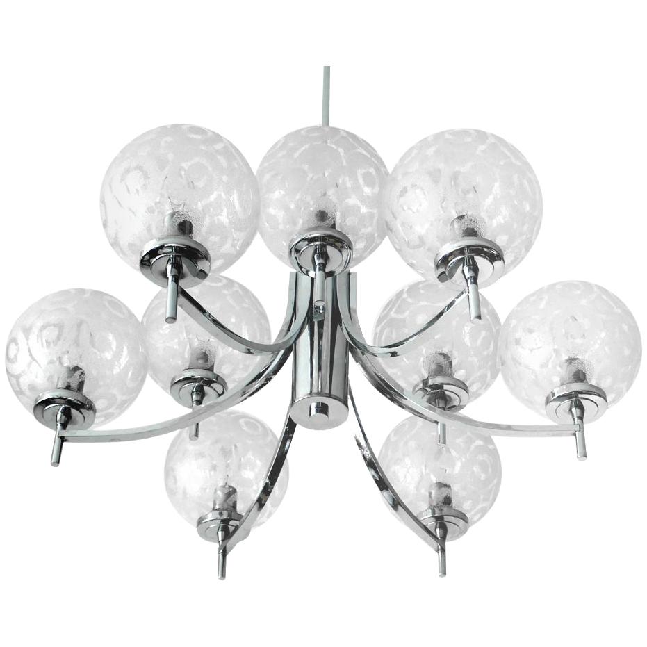 German Vintage Glass and Chrome Ceiling Light Chandelier Pendant, 1970s