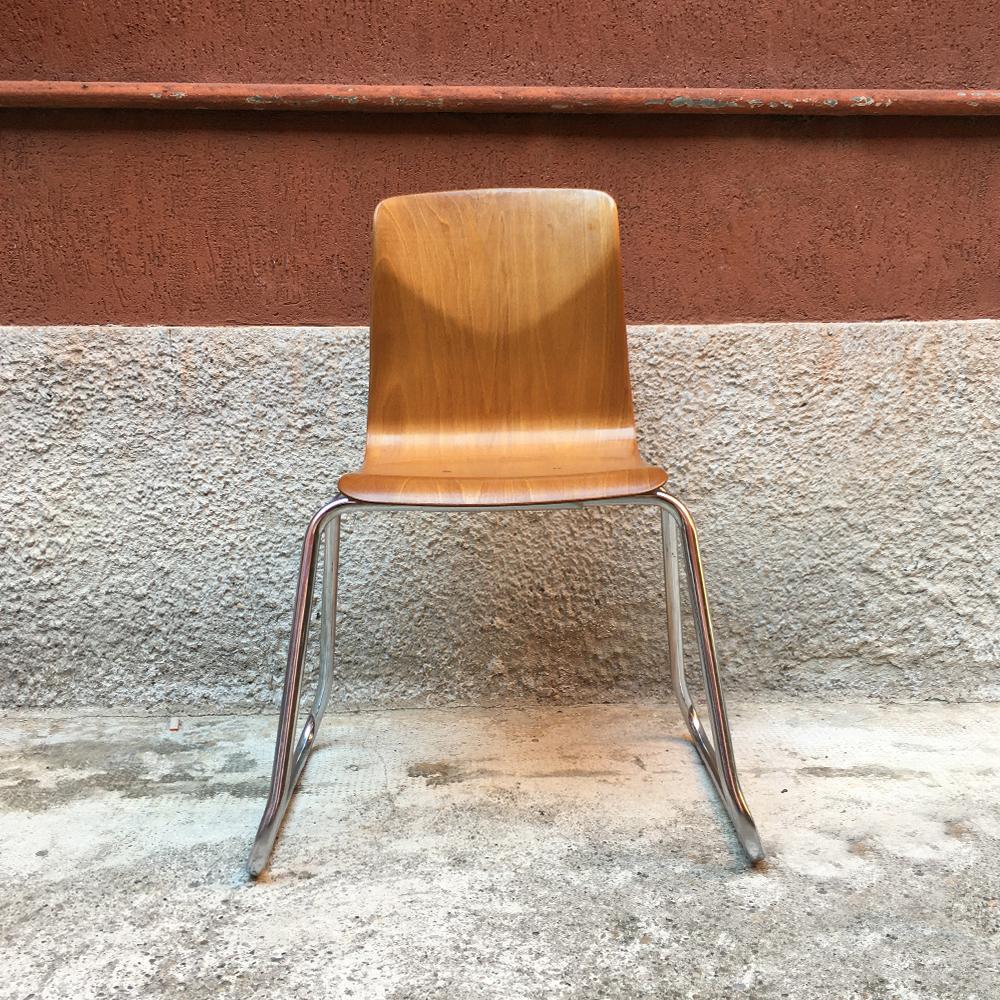 Italian German Vintage Light Wood and Chromed Steel Pagholz Chair, 1960s