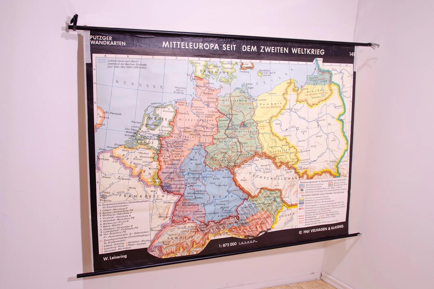 Old Vintage school paper map of Central Europe. It was produced in 1961 in Germany.

Map has on top and bottom wooden slats. It´s in good Vintage condition.

Height: 147 cm

Width: 193 – 217 cm

Depth: 5 cm