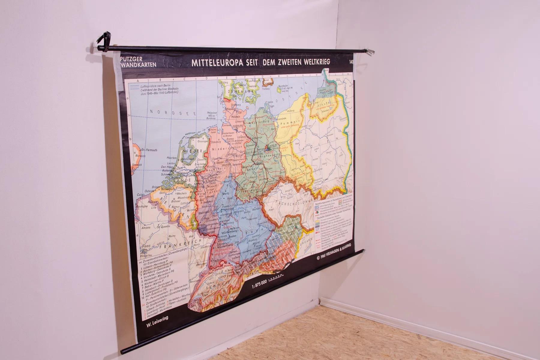 Mid-Century Modern German Vintage school map of Central Europe, 1961 For Sale