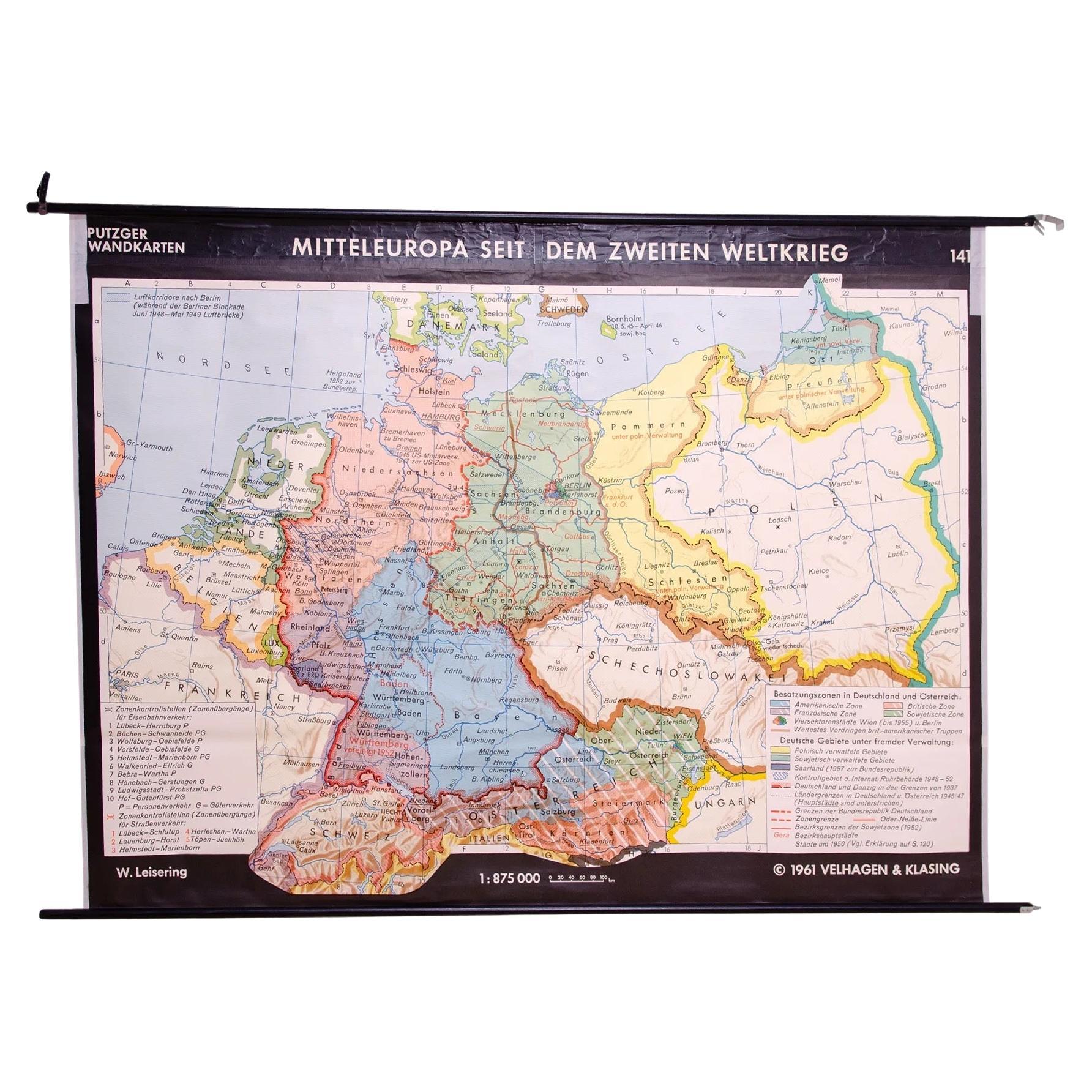 German Vintage school map of Central Europe, 1961