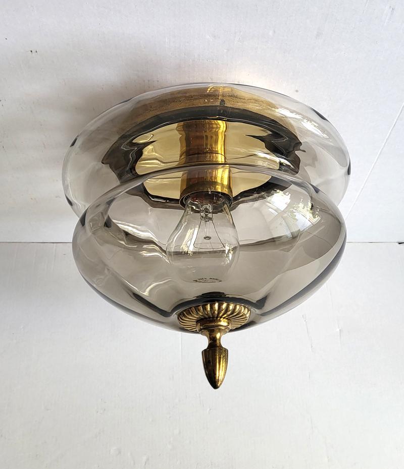 Mid-Century Modern German Vintage Textured Glass and Brass Ceiling Light Flush Mount, 1960s For Sale