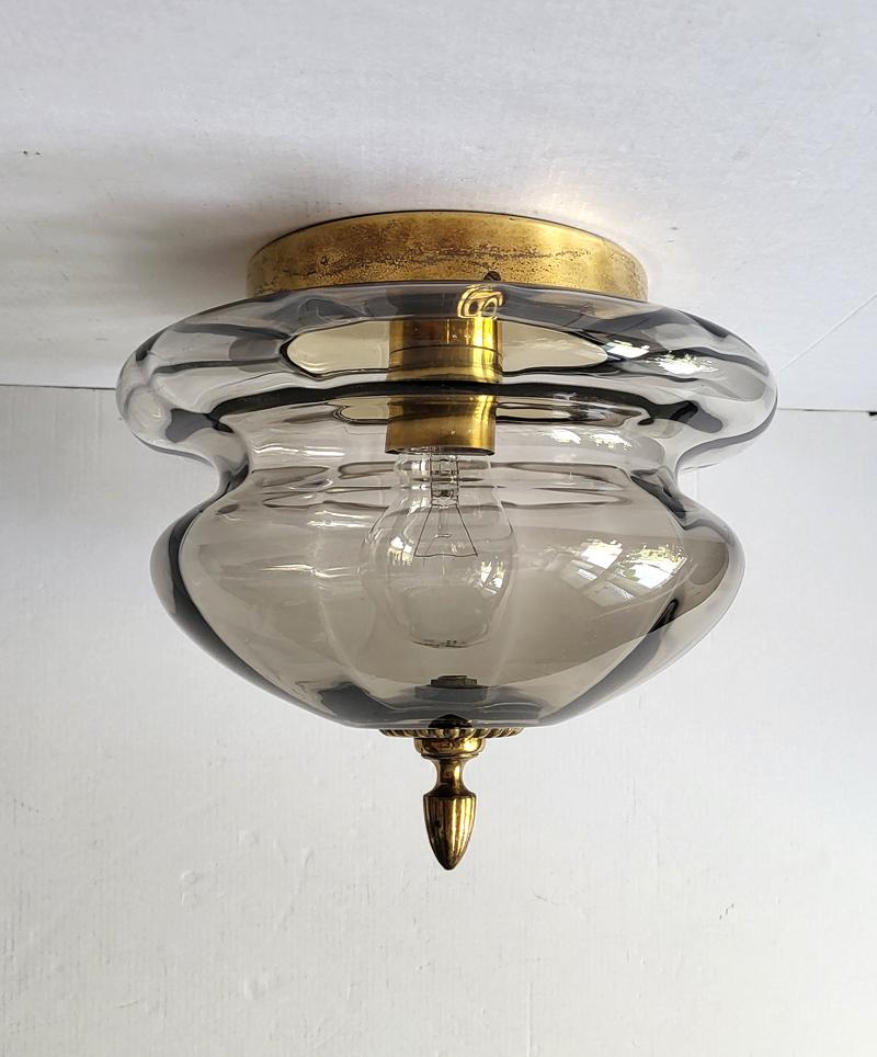 German Vintage Textured Glass and Brass Ceiling Light Flush Mount, 1960s In Good Condition For Sale In Berlin, DE