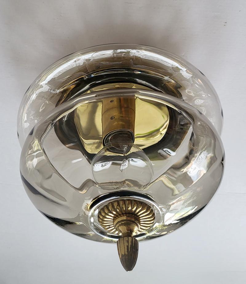20th Century German Vintage Textured Glass and Brass Ceiling Light Flush Mount, 1960s For Sale