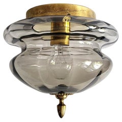 German Vintage Textured Glass and Brass Ceiling Light Flush Mount, 1960s