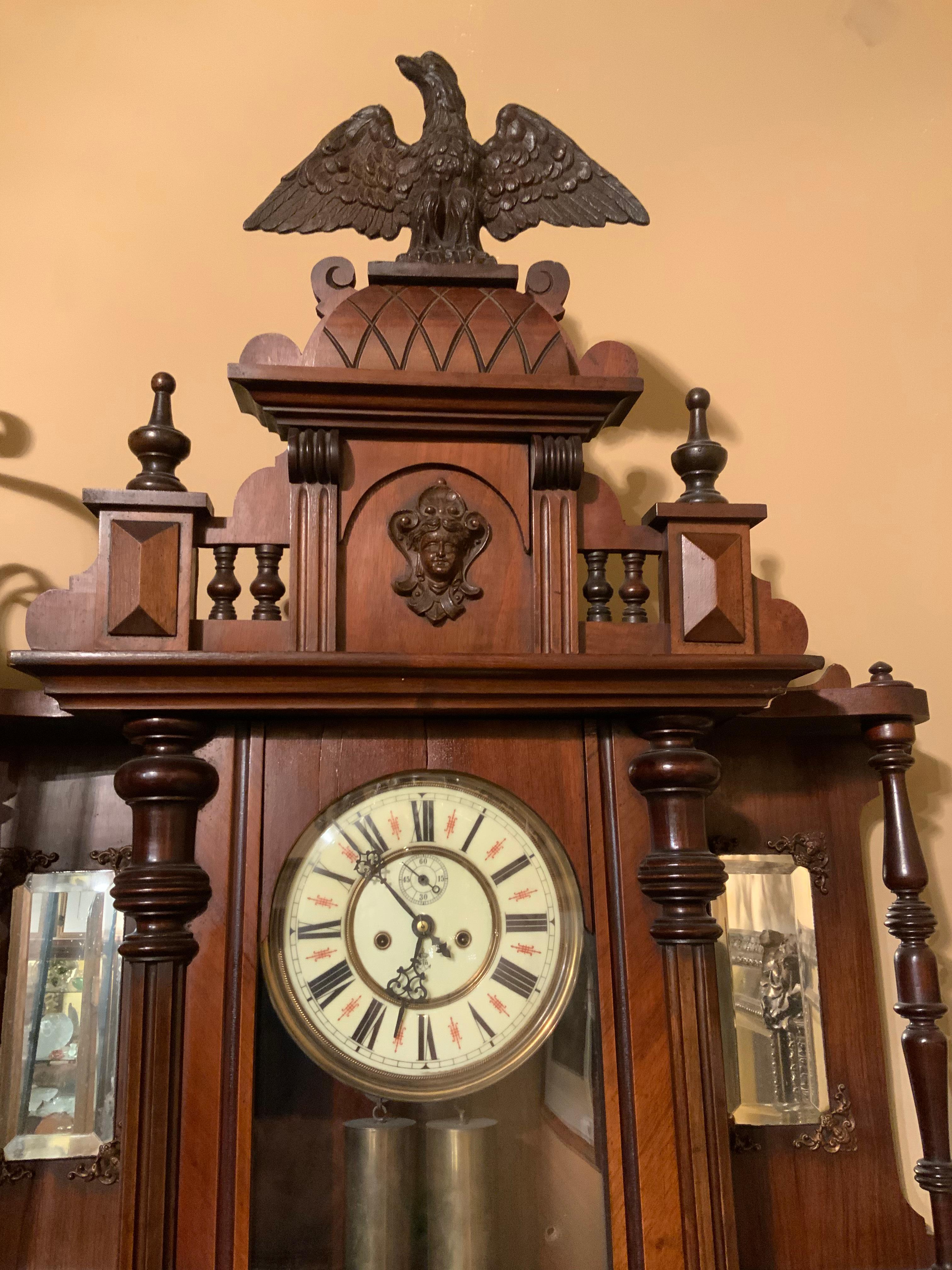 German Wall Clock by Gustav Becker, Walnut, 19th C, carved eagle In Good Condition For Sale In Houston, TX