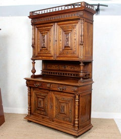 German Walnut Bookcase Large Cabinet Carved, 19th Century