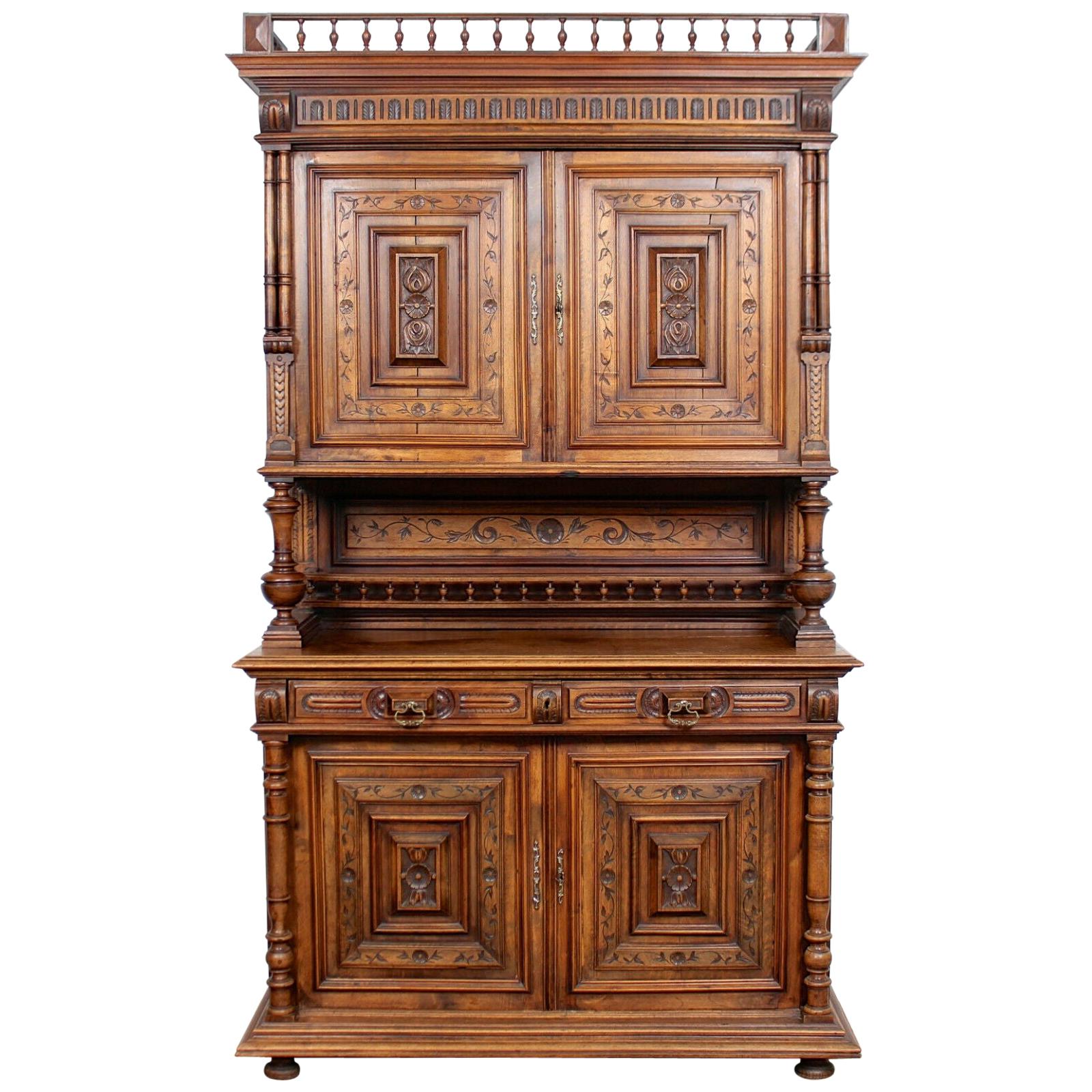 German Walnut Bookcase Large Cabinet Carved, 19th Century For Sale
