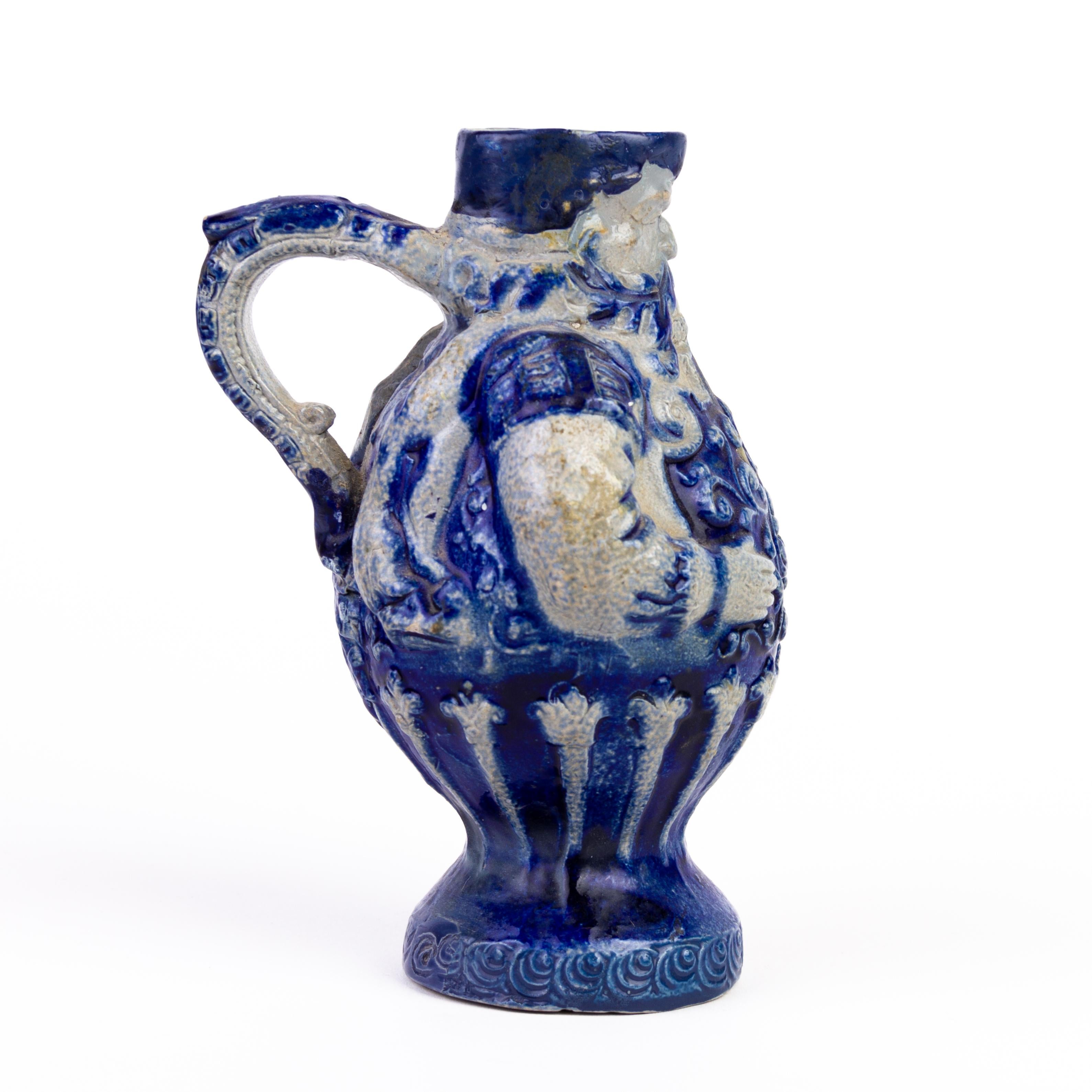 German Westerwald Salt Glazed Pottery Figural Jug 19th C In Good Condition For Sale In Nottingham, GB