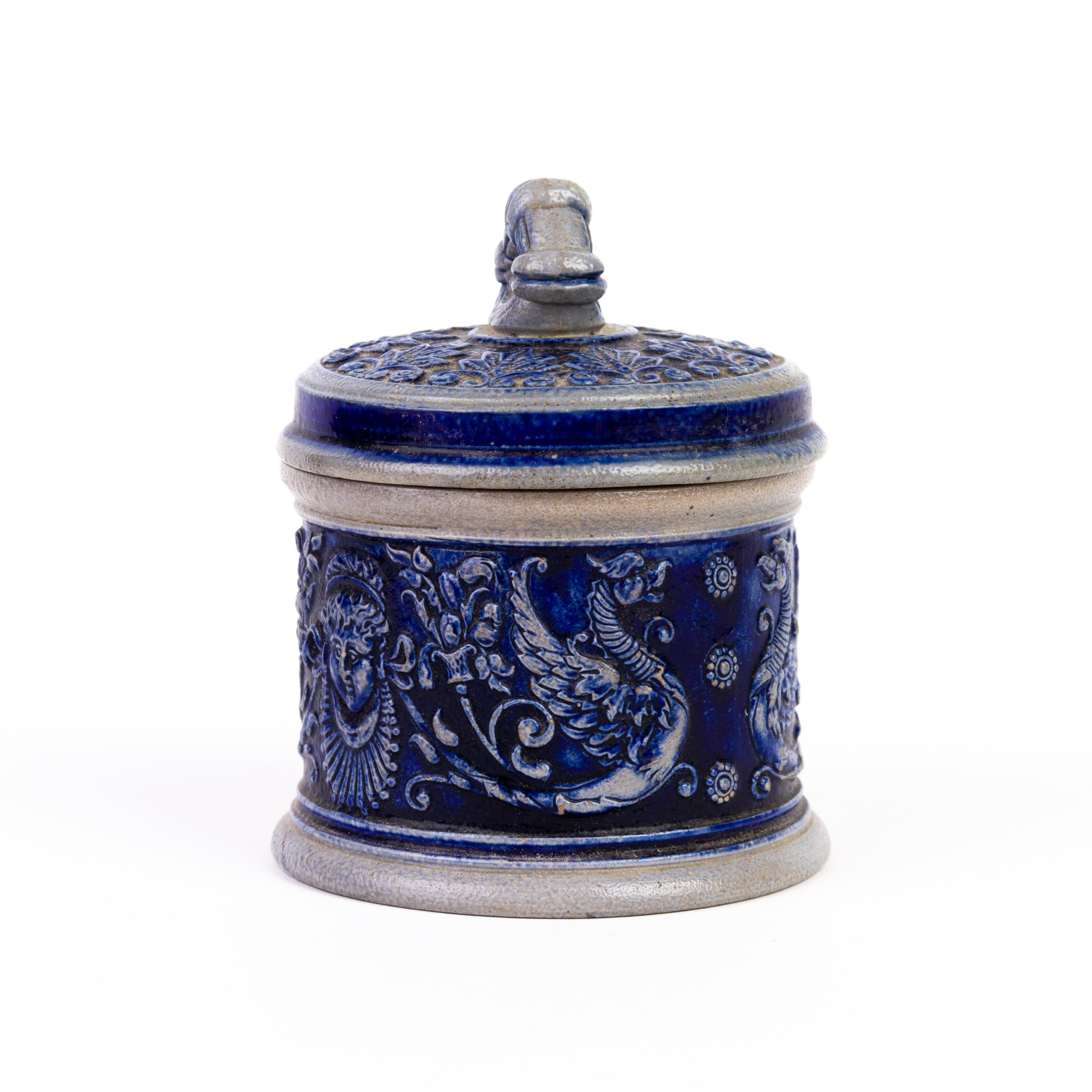 German Westerwald Salt Glazed Pottery Tobacco Jar 19th C In Good Condition For Sale In Nottingham, GB