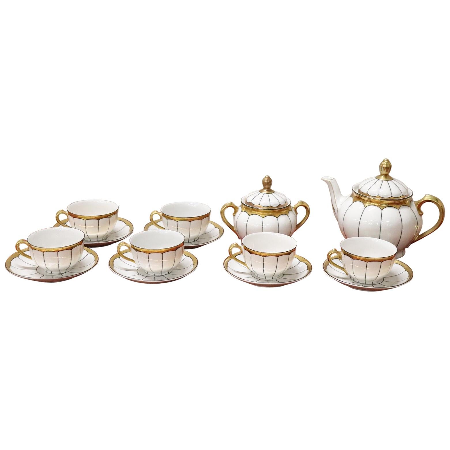 German White and Gold Porcelain Tea Set by Schaller, 15 Pieces