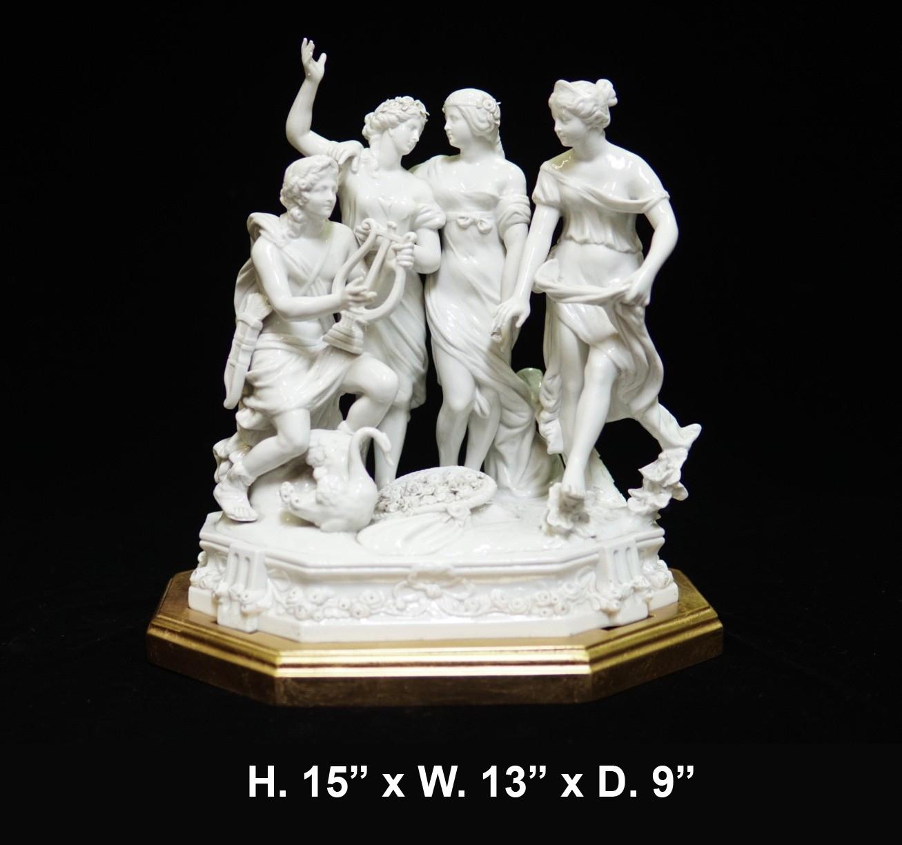 Imposing German glazed white porcelain centerpiece depicting the Four Seasons
Each maiden is dressed in Classical robes with joyous expressions among a swan, on finely detailed naturalistic stepped base. Set in carved giltwood base
H. 15