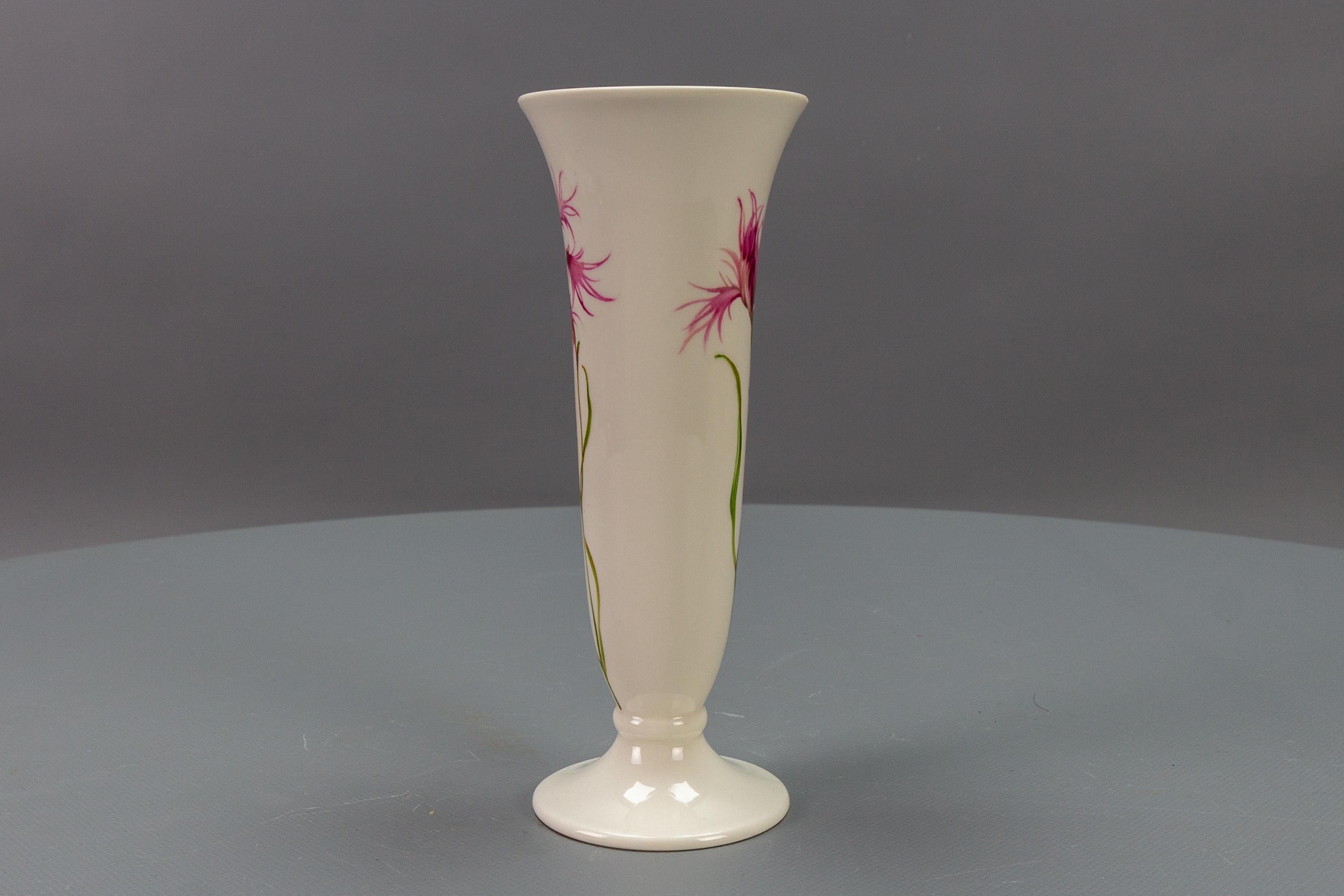 Hand-Painted German White Porcelain Vase Pink Feather Carnation Flower by Hutschenreuther For Sale